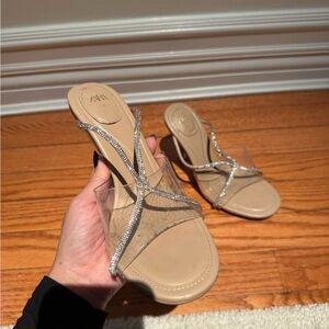 Zara Transparent Silver Sparkly Heel Sandal (Size 6)